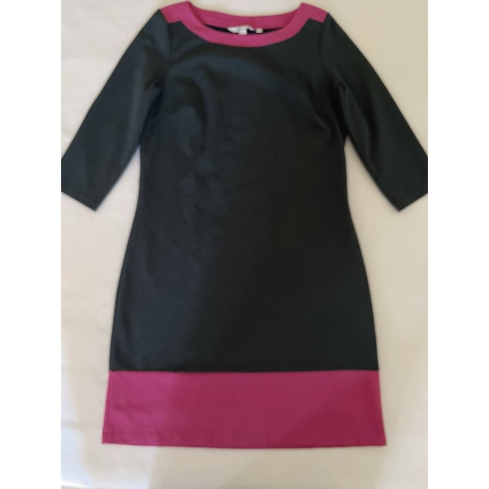 Boden Dress Womens 12 Dark Green Pink Colorblock Shift 3/4 Sleeve Knee Workwear